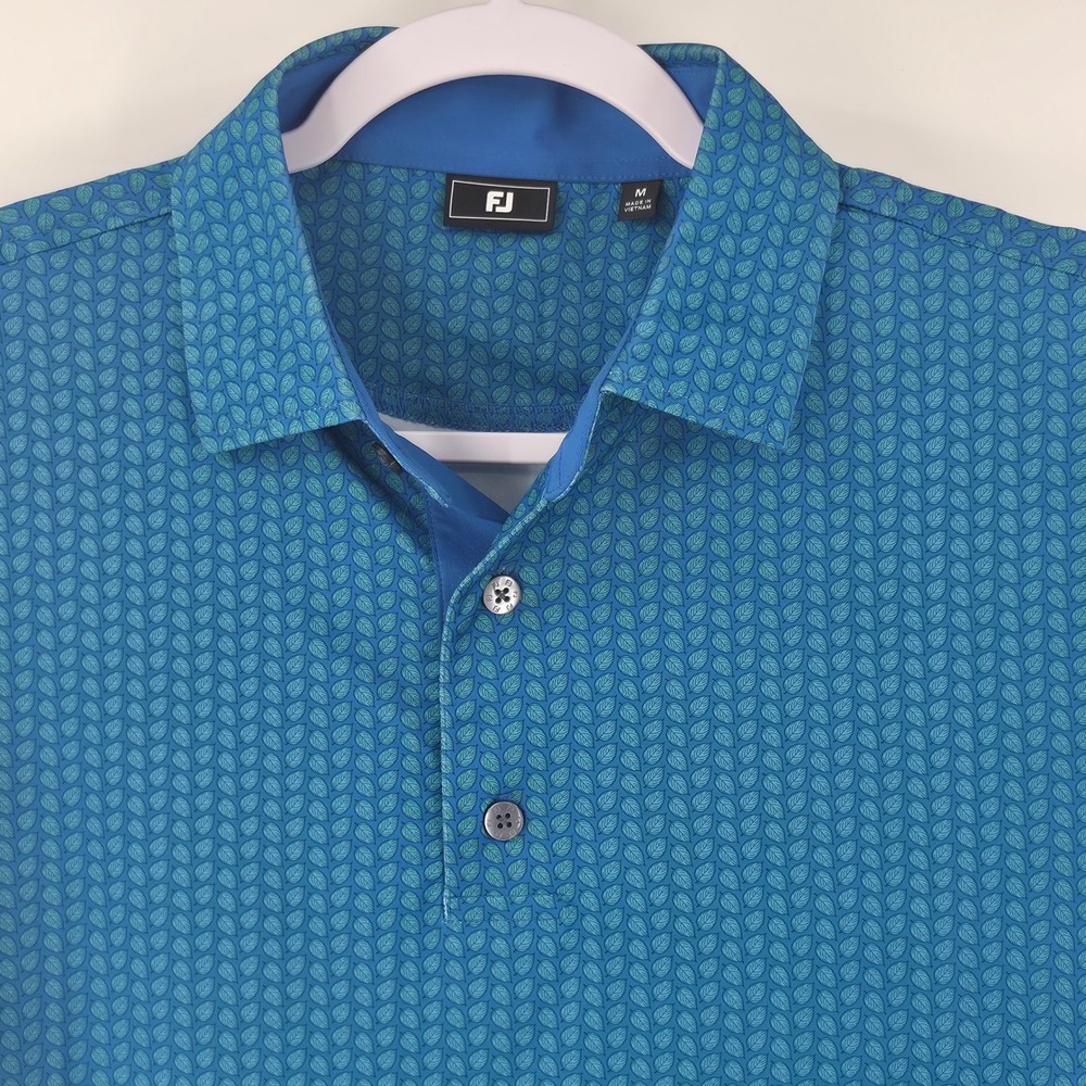 FootJoy Mens‎ AOP Leaf Print Performance Golf Polo Shirt Teal Blue Size Medium